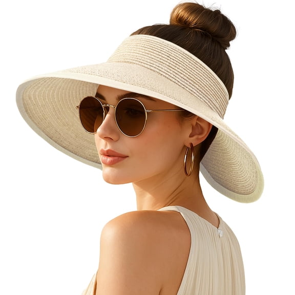 SHILINLANG Women's Sun Visor Hats Wide Brim Straw Beach Hat Ponytail Hats for Women Foldable Floppy