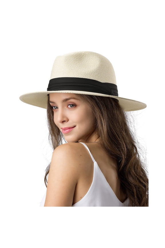 Womens Mens Wide Brim Straw Panama Hat Fedora Summer Beach Sun Hats UPF Straw Hat for Women