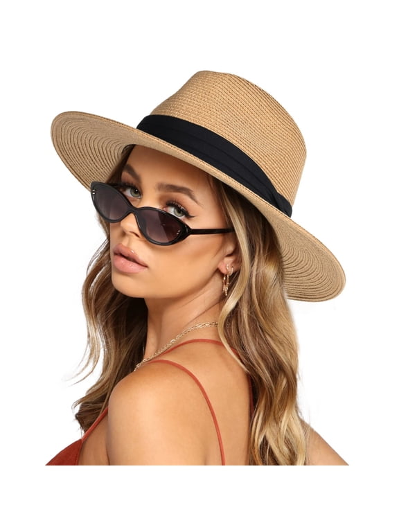 Womens Mens Wide Brim Straw Panama Hat Fedora Summer Beach Sun Hats UPF Straw Hat for Women