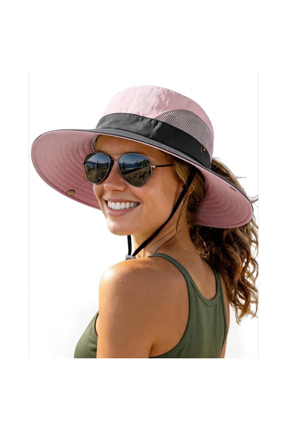 Womens Sun Hat with Ponytail Hole Beach Hiking Summer Wide Brim UPF 80+ Outdoor Protection Foldable Bucket Hat