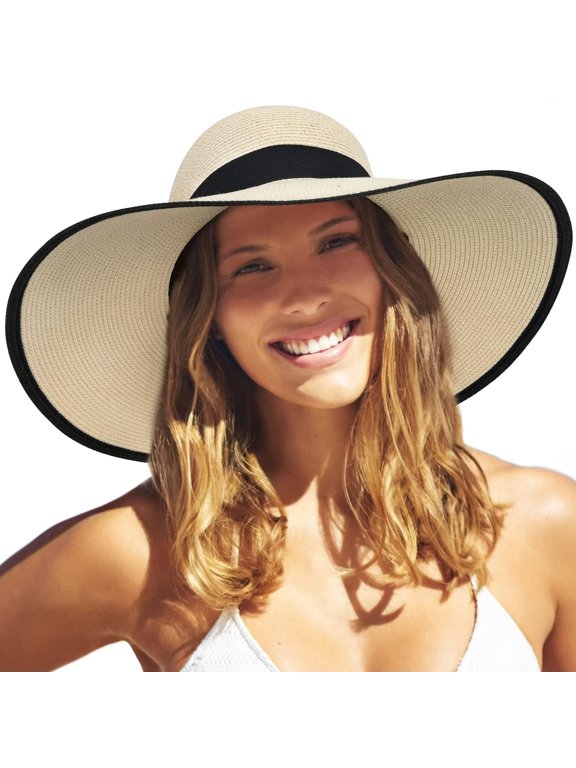 Womens Sun Straw Hat Wide Brim UPF 80 Summer Hat Foldable Packable Floppy Beach Hats for Women