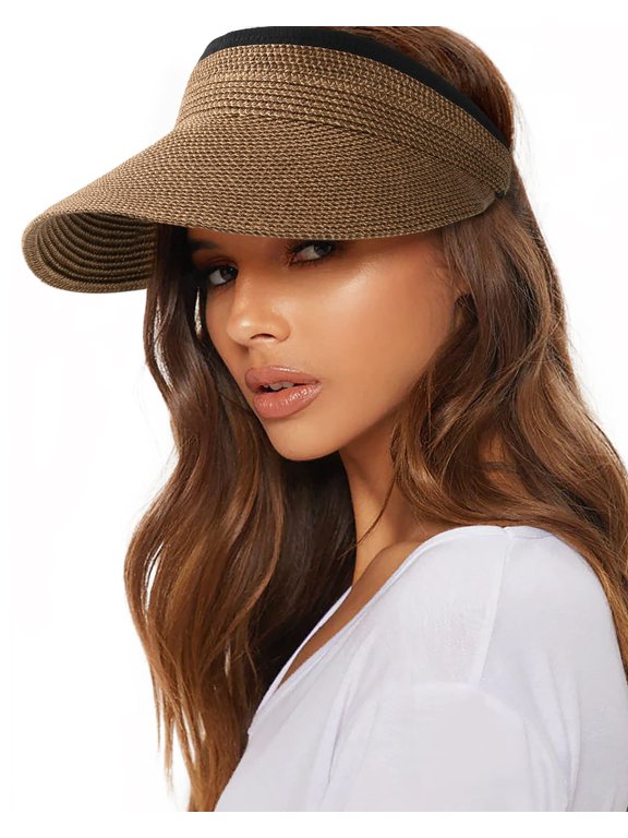 Womens Sun Visor Hat Straw Sun Visors for Women Summer Packable Ponytail Beach Hats for Women Travel UPF 80+