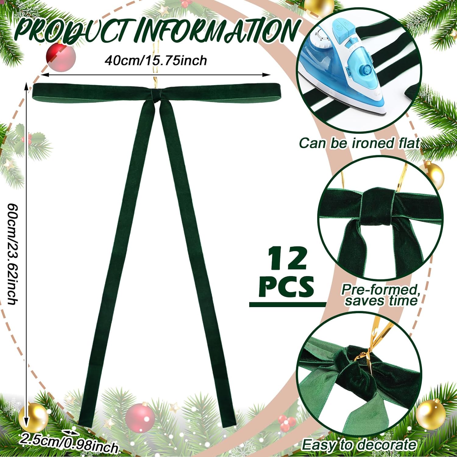SHILIU-12 Pcs Green Velvet Ribbon Bows Christmas Tree Decorations 23 ...