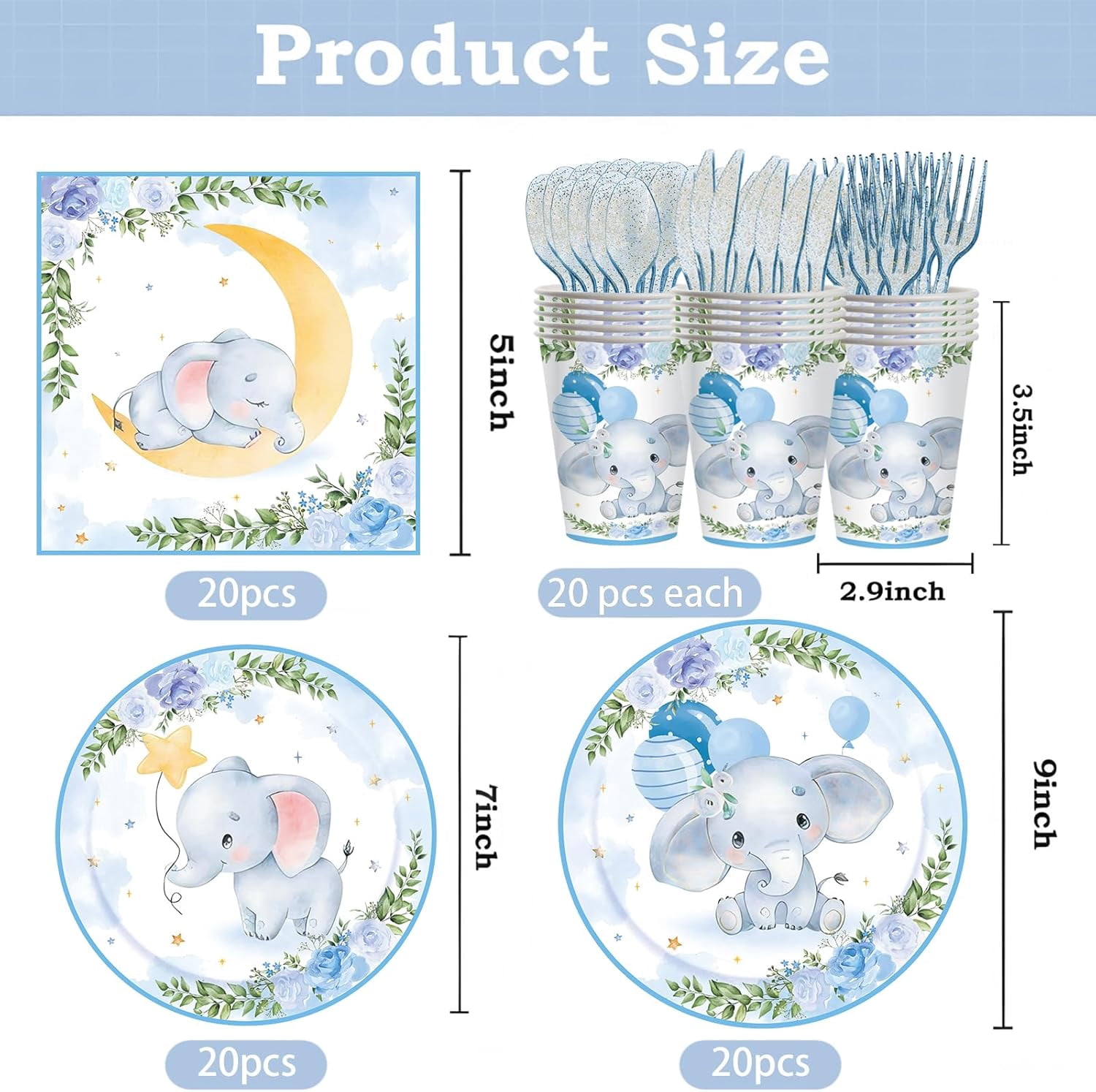 Blue Elephant Baby Shower Supplies - 20 Plates & 20 Napkins Set For Boy's Themed Birthday Party