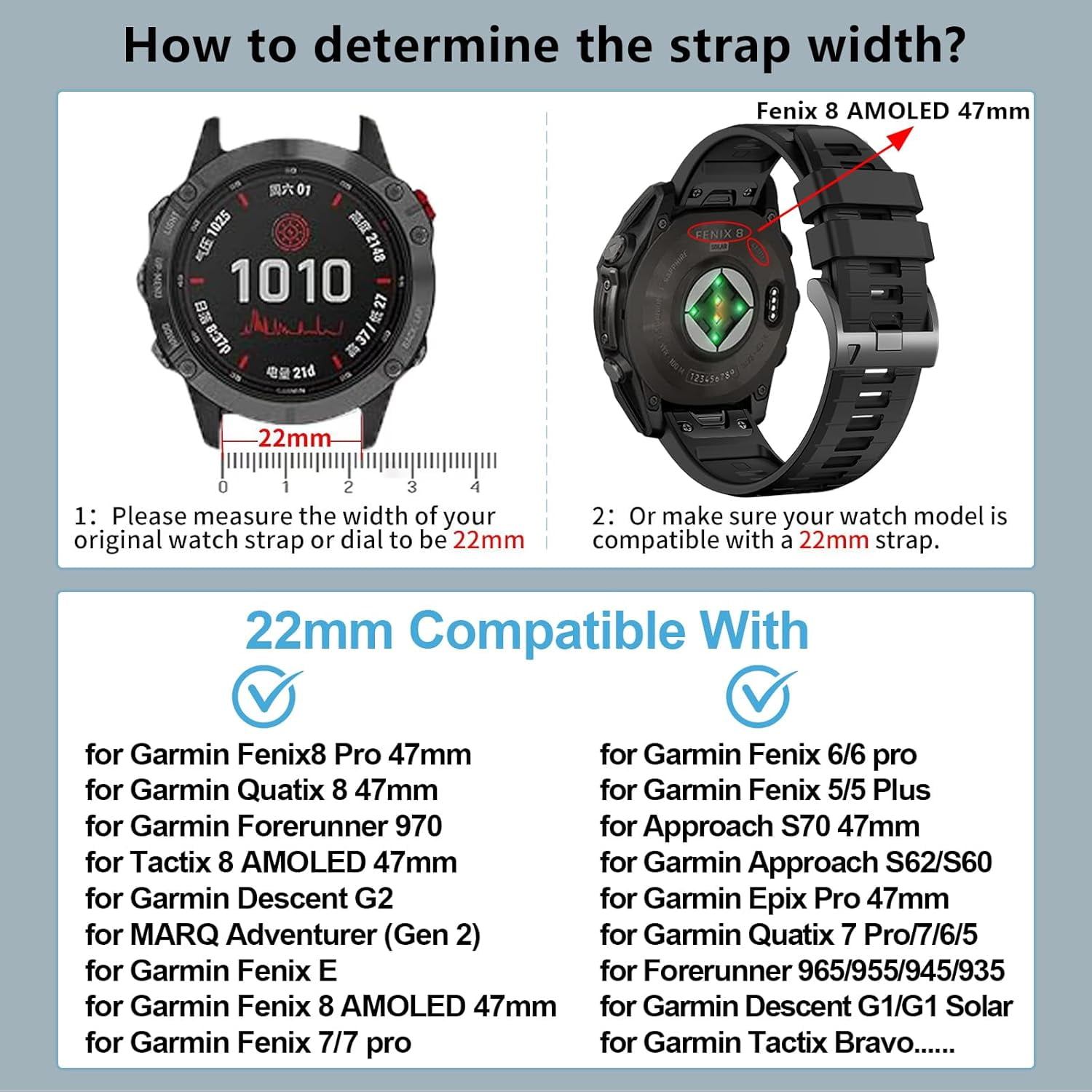 TTTYBA-22mm Compatible with Garmin Fenix8 AMOLED 47mm/Fenix E/Fenix 6 Pro/6/7/7 Pro/5/5 Plus