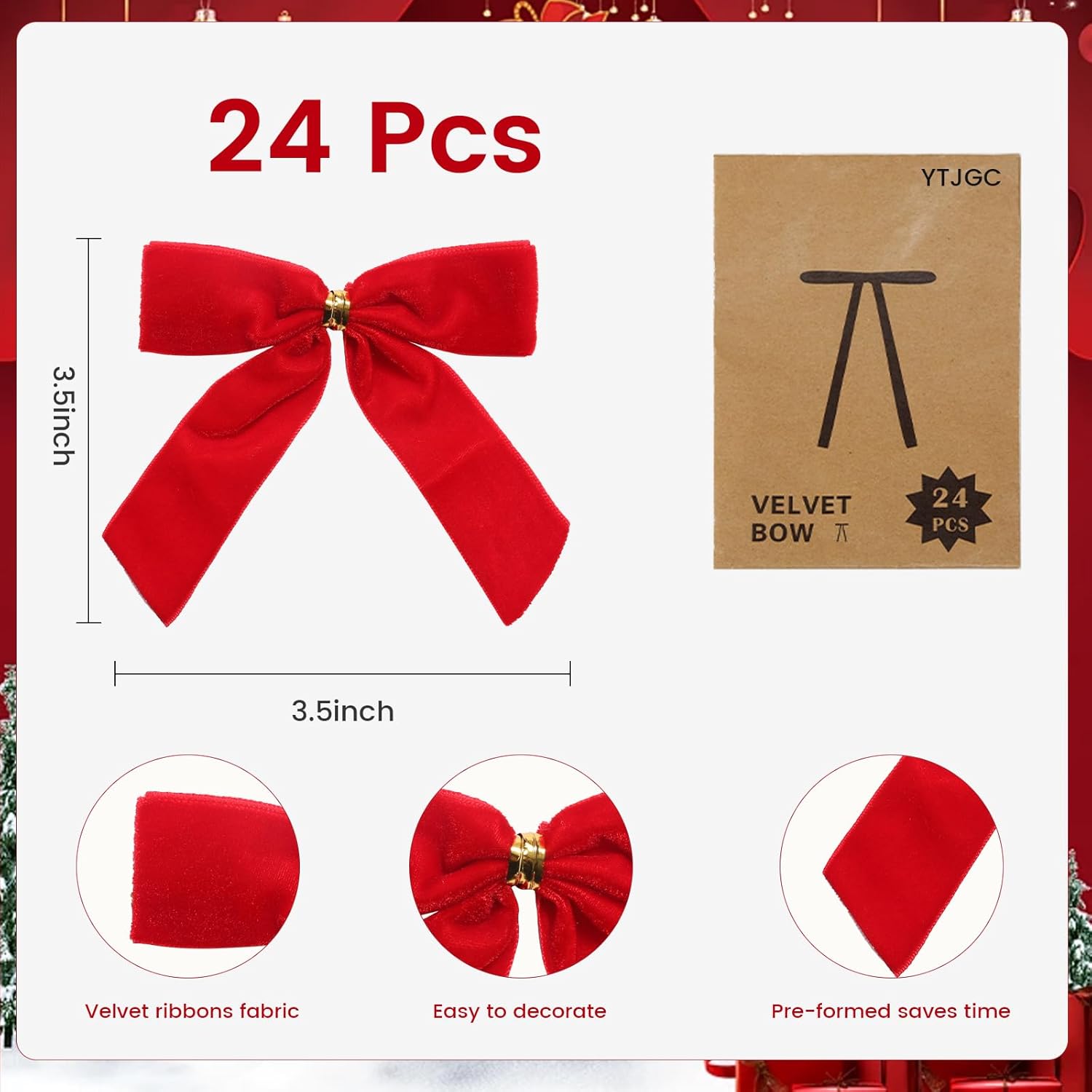 SHILIU-24 Pcs Red Velvet Ribbon Christmas Tree Bows Bow Tree Topper ...