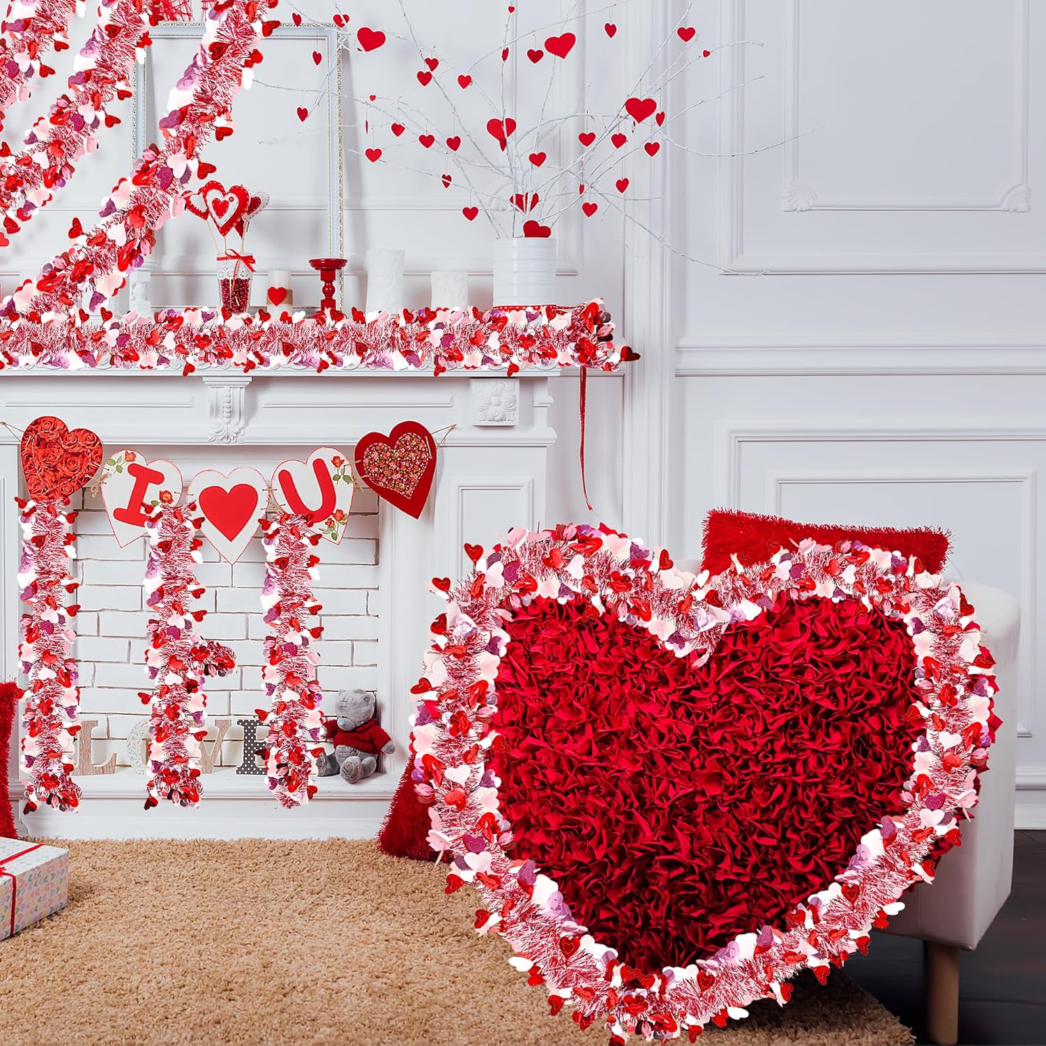 SHILIU-49.2Ft Valentine‘s Day Heart Tinsel Garland Pink Red White