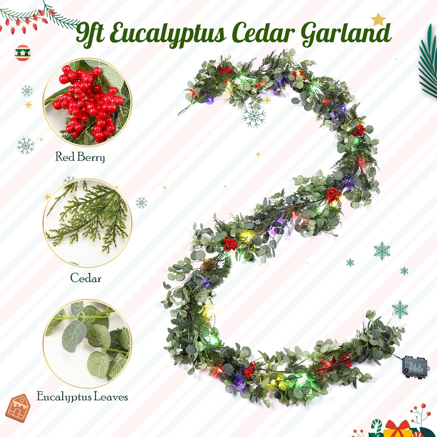 SHILIU-9 ft Prelit Christmas Garland with Pine Cones Red Berries ...