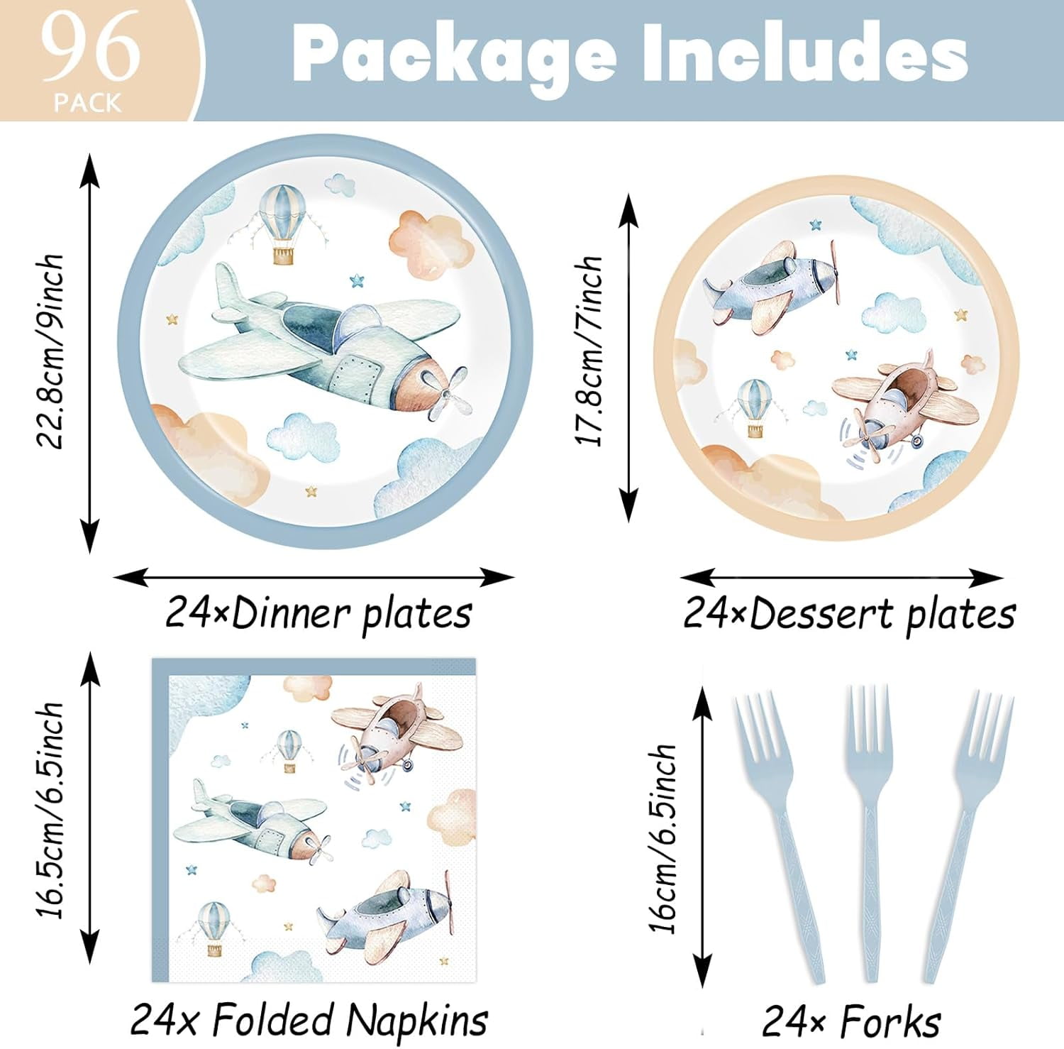SHILIU-96Pcs Airplane Birthday Party Decorations Airplane Baby Shower Tableware Vintage Plane Plates Napkins Forks Disposable Aviation Theme Party Supplies for Baby Shower Kids Boys Girls Birthday Su