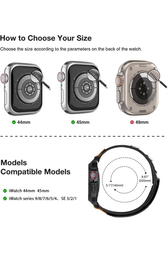 -Bands Compatible with Apple Watch 44mm 45mm with Case,Rugged Velcr Sport Apple Watch Strap with Protective Cover for iwatch Series 9/8/7/6/5/4/SE for Men(Black)