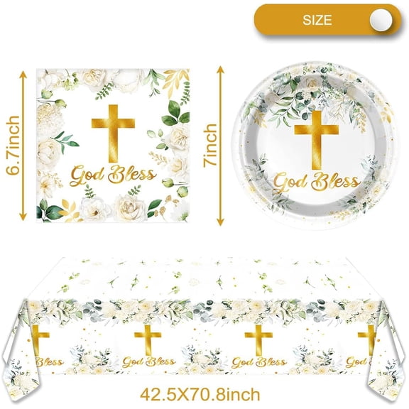 SHILIU-God Bless Tableware SetFirst Communion 20 Plates and 20 Napkins and Tablecloth42'' x 70'',For Newborn Baptism Church Party Decoration