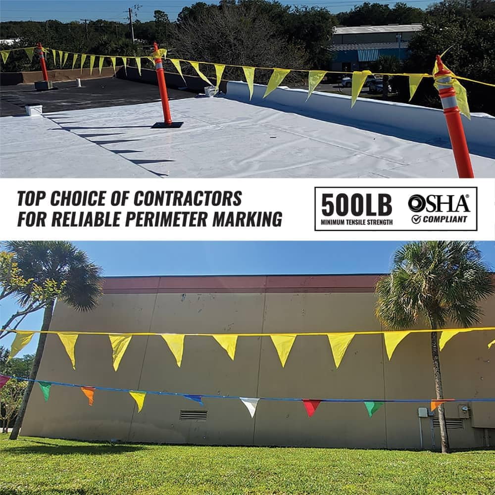 OSHA 500lb Rated Safety Pennant Flagging - 105ft Red/Yellow Strand, 12x18 Inch Flags, Fade Resistant For Rooftop & Barrier