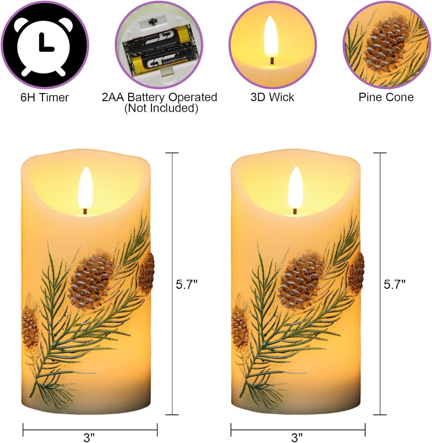 SHILIU-Pinecone Flameless Flickering Candles Battery Operated with 6H ...