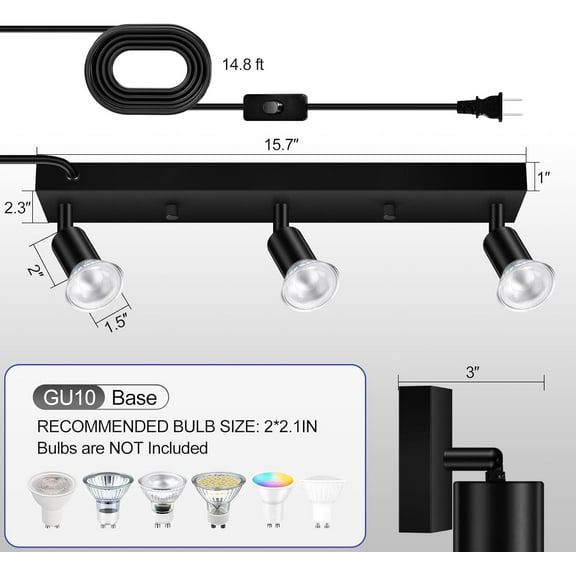 SHILIU-Plug-in Track Lighting, LED Track Lighting Fixtures Ceiling Kit, 16" Black Plug in Wall Light with 14.8ft Cord, 3-Light Ceiling Spotlight,Rotatable Kitchen Light Head for Bedroom Hallway(GU10,