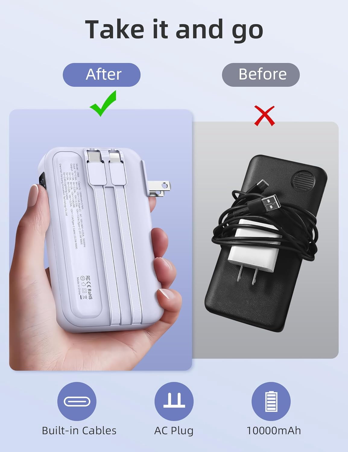 SHILIU-Portable Charger Built in Cables, AC Wall Plug in Portable ...
