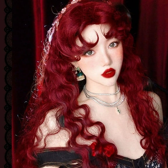 SHILIU-Red Long Curly Wig for Women with Bang Dark Red Queen Princess Synthetic Princess Vintage Cosplay Anime Costume Hair Wig