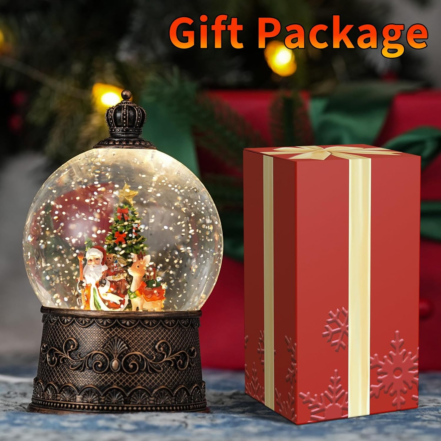 SHILIU-Snow Globe with Santa with Reindeer, Light Up Christmas Snow ...