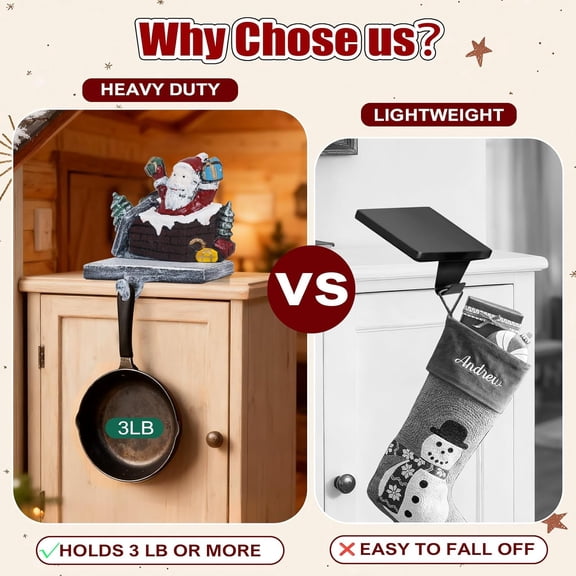 SHILIU-Stocking Holders for Mantle  3D Christmas Stocking Holder Heavy Duty Cast Iron Garland Hangers for Mantel with Non-Slip Base | Xmas Decor, Sturdy Fireplaces Hook (Pine Cone and Santa)