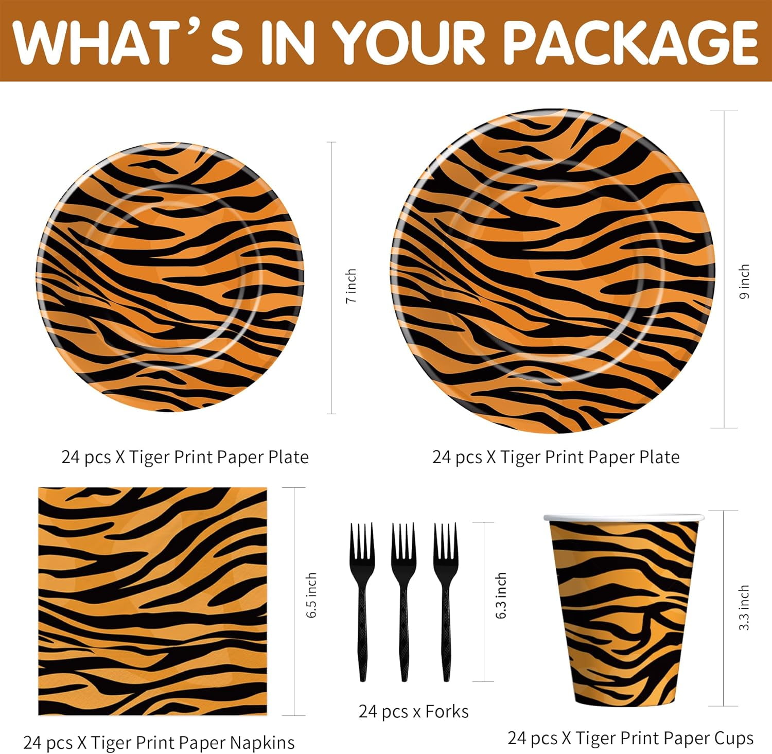 SHILIU-Tiger Print Birthday Plates And Napkins Party Supplies, Safari Jungle Animal Tiger Texture Print Party Decorations Tableware, Plate, Cup, Napkin, Fork | Serves 24