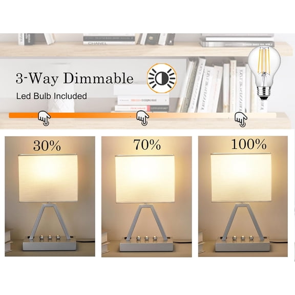SHILIU-Touch Control Table Lamp, 3-Way Dimmable Desk Lamp with USB C & A and AC Outlet, Bedside Lamp with Phone Stand and Fabric Shade for Bedroom, Living Room, Bulb Included, Silver