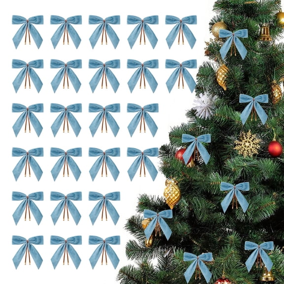 SHIMELE 24pcs Christmas Velvet Bows, Flocking Cloth Ribbon Bows for Holiday Decorations, Gift Wrapping, DIY Party Decor - Blue & Green 9x9cm