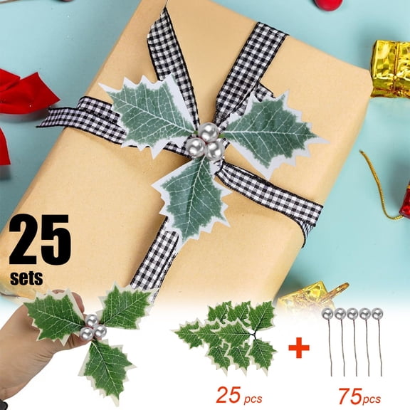 SHIMELE 25 Sets Christmas Holly Leaf Berry Decoration - Artificial Holly Berries for Tree Decor, Gift Wrap, Holiday Home Decor, Festive Greenery - Simulated Plant Bundles for Christmas