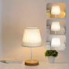 SHIMELE 3-Way Dimmable Table Lamp for Bedroom, Nightstand Light with Round Flaxen Shade, Solid Wood, LED Bulb Included, Ideal for Living Room & Office