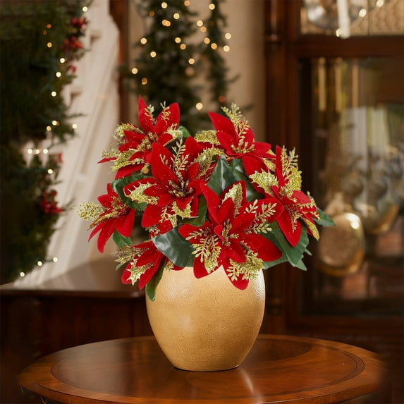 SHIMELE 7 Head Glitter Christmas Flowers, Artificial Poinsettia Flower Arrangement, Home Decor Vase Flowers, Christmas Decoration, Indoor Floral Display, Red Gold Silver, No Maintenance Required