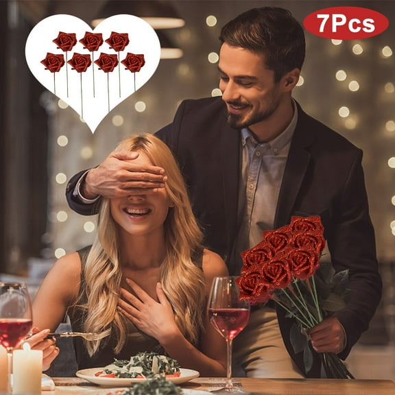 SHIMELE 7pcs Artificial Silk Roses Bouquet with Long Stems, Fake Flowers for Home, Wedding, Party, Valentine's Day, Holiday Decoration - Red Cloth Flowers