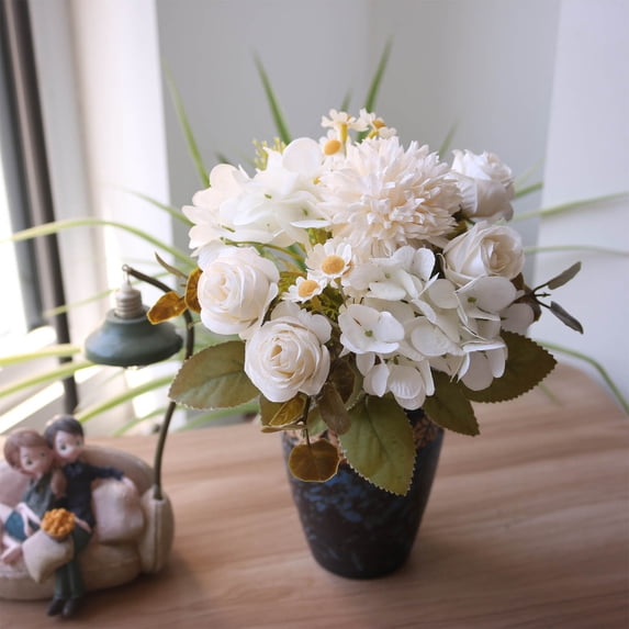SHIMELE Artificial Flower Bouquets Silk Flowers Fake Floral Arrangement Home Decor 30cm Roses Hydrangeas Chamomile Centerpiece Decoration