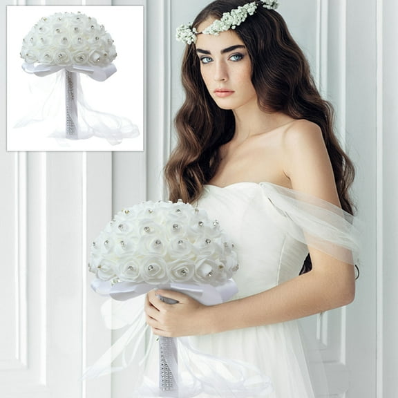 SHIMELE Bridal Bouquet White Roses with Diamonds Ribbon Elegant Floral Arrangement for Weddings Parties Home Decor