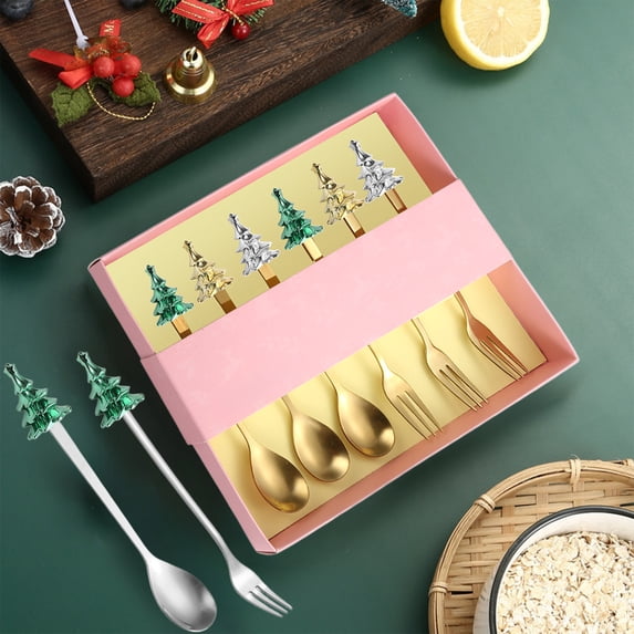 SHIMELE Christmas Tree Cutlery Set, Stainless Steel Spoon and Fork Gift Set, Reusable Coffee Spoon and Dessert Fork, Portable Travel Cutlery for Outdoor and Picnic