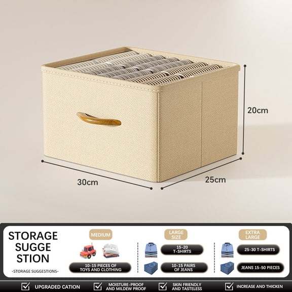 SHIMELE Foldable Storage Box for Clothes and Pants, High Capacity, Non-Woven Fabric, Moistureproof, Wooden Handles, Wardrobe Organizer