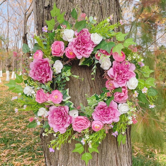 SHIMELE Front Door Flower Wreath - Floral Garland, Decorative Spring Wreath, Outdoor Porch Decoration, Handmade Flower Crown, Lifelike Tulips and Foliage, Elegant Home Decor
