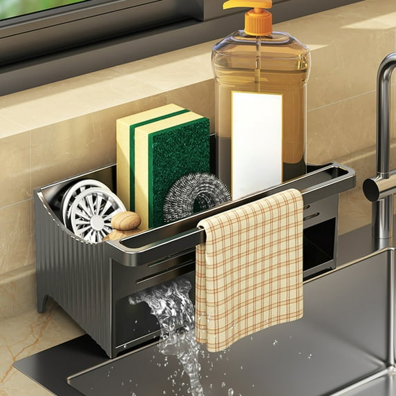 SHIMELE Multi-Functional Kitchen Sink Caddy Organizer, Auto Draining Sponge Holder, Towel Rod, Compact & Durable Design for Clean Countertops