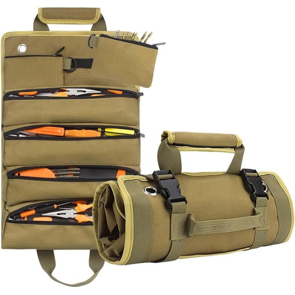 SHIMELE Multifunctional Roll Tool Bag, Garden Electrician Carrier, Woodworking Storage Organizer, Zippered Hardware Pouch, Large Capacity Tool Holder, Canvas Roll-Up Toolbox