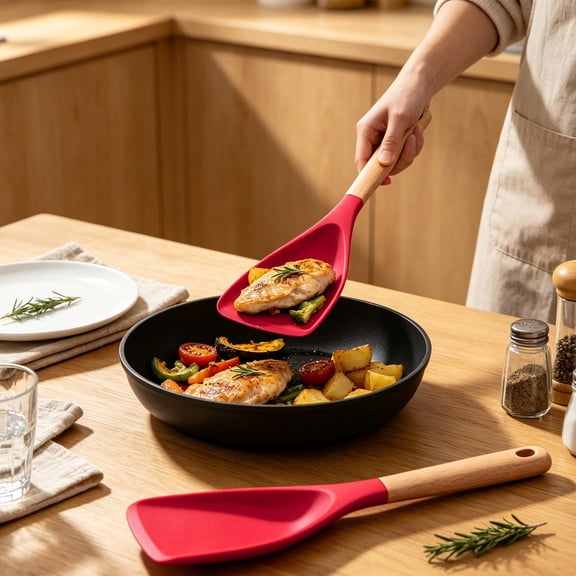 SHIMELE Multifunctional Silicone Spatula, Wooden Handle Cooking Tool, Non-Stick Rice Spoon, Kitchen Utensil for Flipping Eggs and Stirring, Versatile Baking Helper