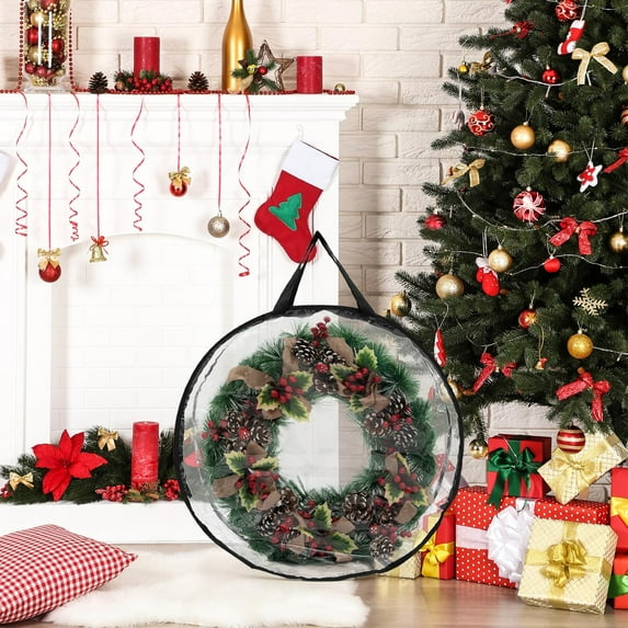 SHIMELE PVC Transparent Wreath Storage Bag Round Christmas Wreath Organizer Large 23.6 Inch Holiday Decoration Storage Container with Handle for Easter Halloween Home Decor
