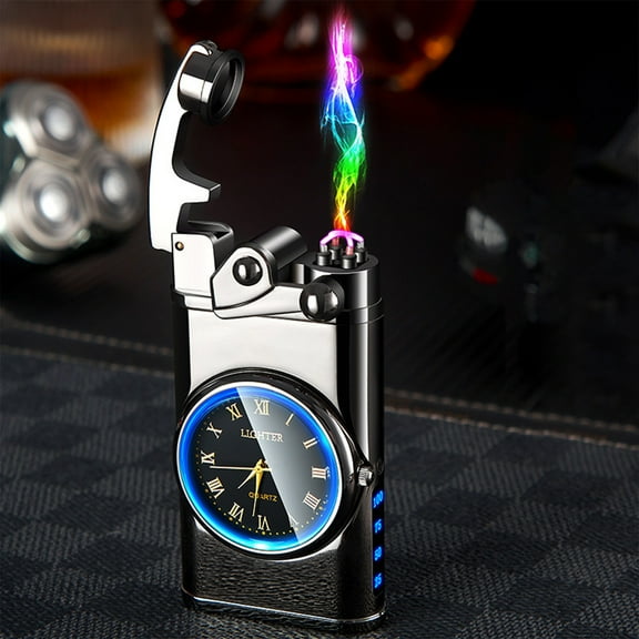 SHIMELE Rechargeable Double Electronic Lighter with Clock and RGB Lighting Effects for Convenient Ignition, USB Charging, and Battery Display