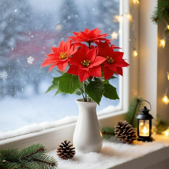 SHIMELE Red Christmas Poinsettia Artificial Flowers Bouquet, Faux Poinsettia Cluster, Holiday Decor, 7 Head Silk Flower Arrangement for Home, Party, Wedding