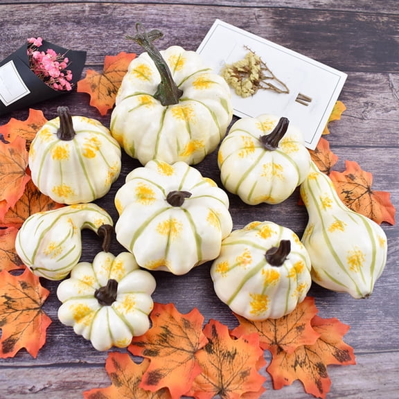 SHIMELE 8-Pack Artificial Mini Pumpkins – Lifelike Fall Cucurbit Décor for Thanksgiving, Halloween, Harvest Party, Farmhouse Home Decoration