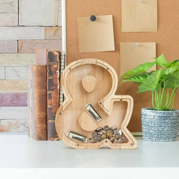 SHIMELE Wooden Money Bank, "&" Shaped Coin Bank, Clear Saving Box, Transparent Display Piggy Bank for Home Decor, Wooden Savings Jar for Anniversary or Birthday Gift, Durable Wood Frame