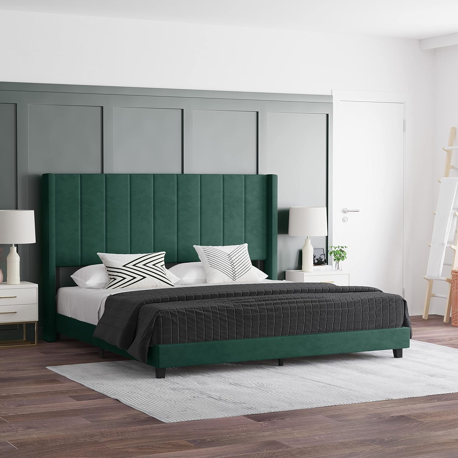 SHIMINL Margit Platform Bed - Emerald Velvet Upholstery - Vertical ...
