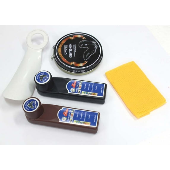 SHINE SHINE Deluxe Shoe Shine Kit | Premium Black Solid & Liquid Polishes | 6" (15.2 cm) White Plastic Shoe Horn | 12" x 12" Quality Buffing Cloth | Pinnacle of Footwear Radiance