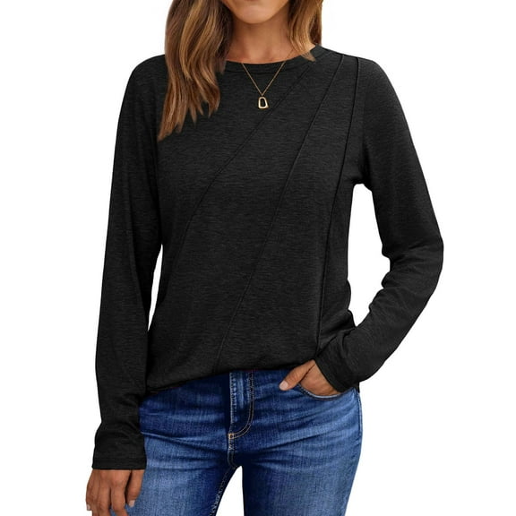 SHINE UP Blouses for Women Pleat Long Sleeve Shirts for Women Crewneck Casual Tunic Tops