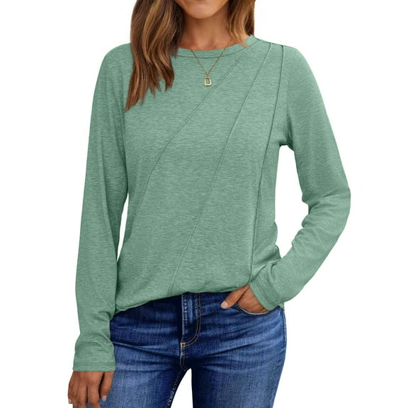 SHINE UP Blouses for Women Pleat Long Sleeve Shirts for Women Crewneck Casual Tunic Tops