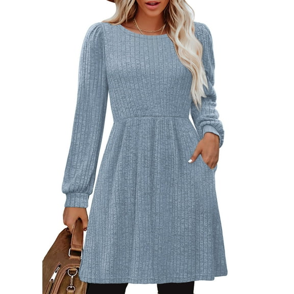 SHINE UP Dresses for Women Fall Crewneck Long Sleeve Knee Length Dress with Pockets