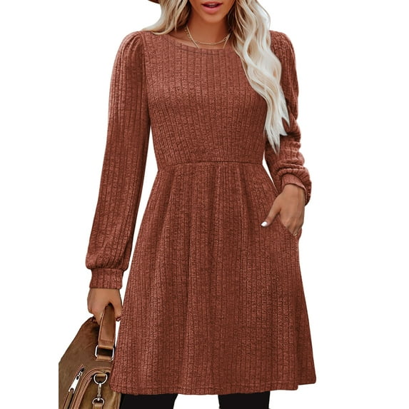 SHINE UP Dresses for Women Fall Crewneck Long Sleeve Knee Length Dress with Pockets