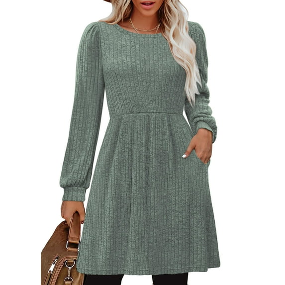 SHINE UP Dresses for Women Fall Crewneck Long Sleeve Knee Length Dress with Pockets