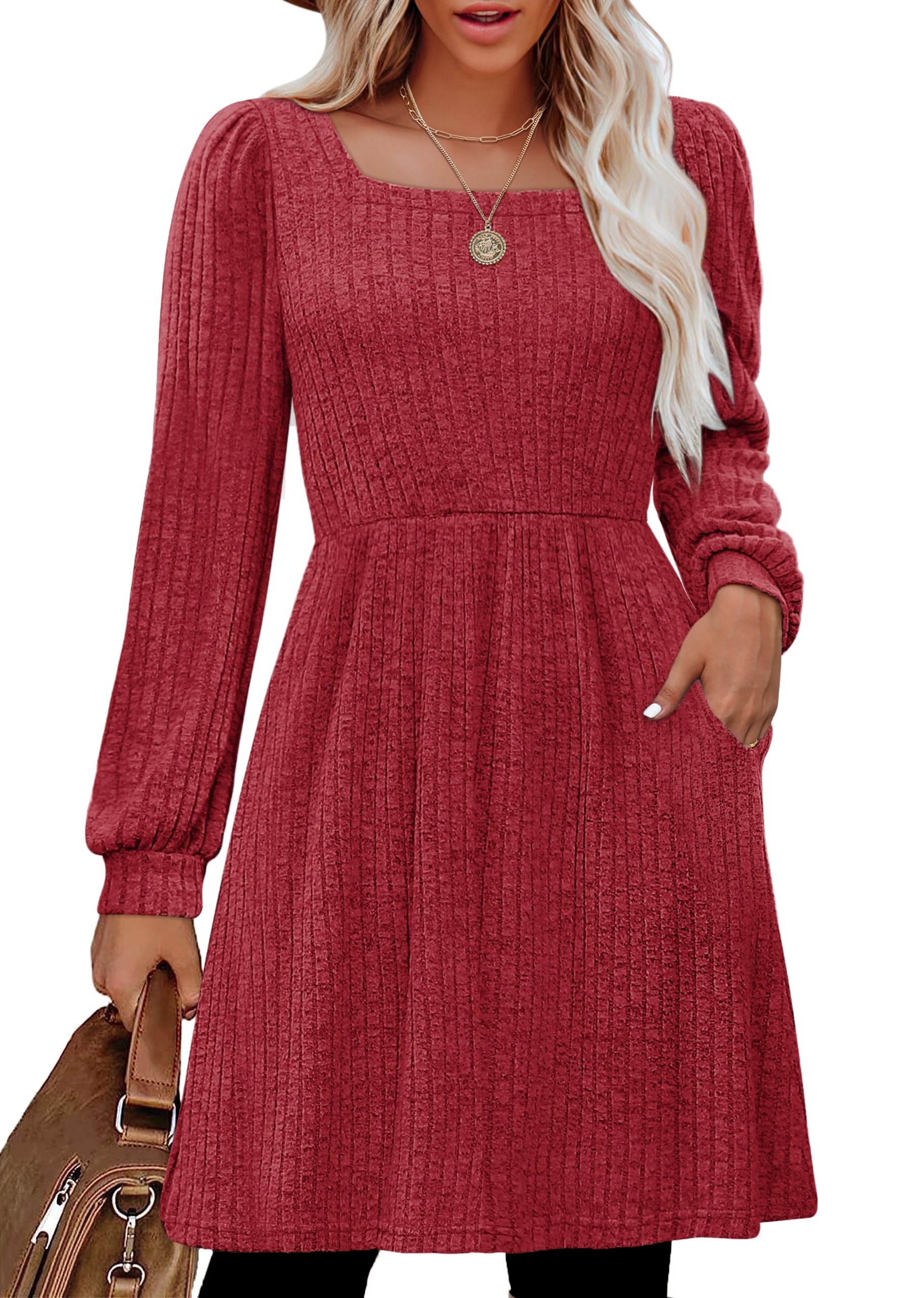 SHINE UP Dresses for Women Fall Square Neck Long Sleeve Knee Length Dress with Pockets